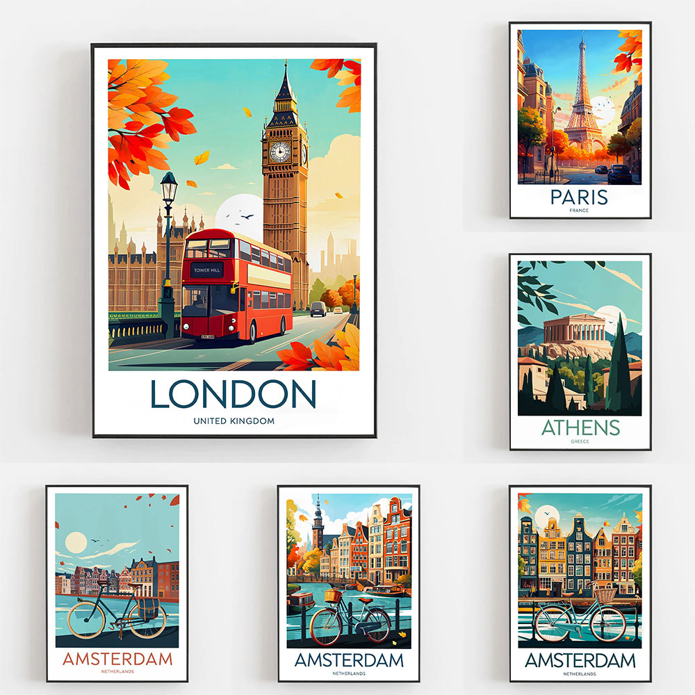 Home Decor Netherlands - Cetakan Perjalanan Amsterdam Belanda London Inggris