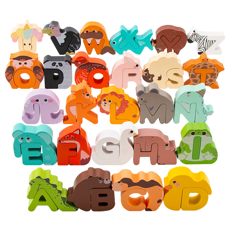 Wooden Letter Sign - 26 Buah Balok Alfabet Hewan Kayu,