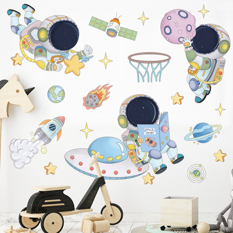 Home Decor Wall Tiles - Stiker Dinding Astronot Kartun, Stiker Satelit